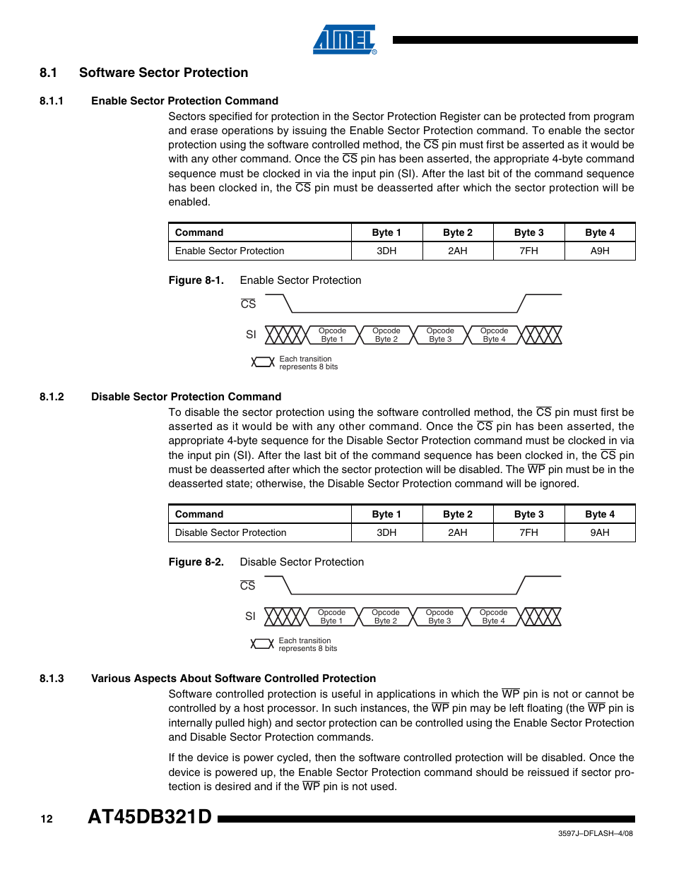 1 software sector protection, 1 enable sector protection command, 2 disable sector protection command | Rainbow Electronics AT45DB321D User Manual | Page 12 / 54