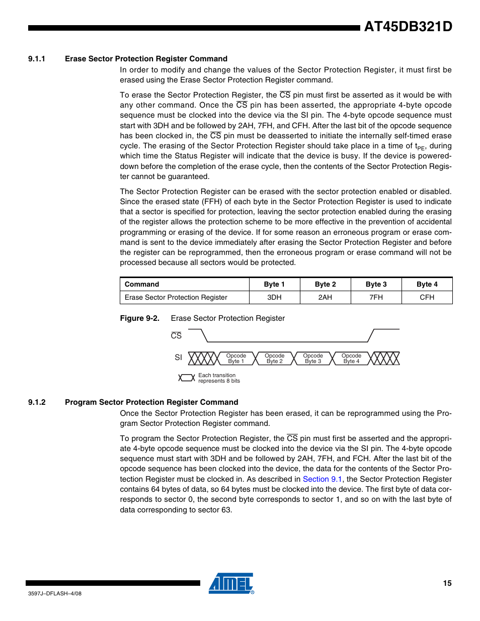 1 erase sector protection register command, 2 program sector protection register command | Rainbow Electronics AT45DB321D User Manual | Page 15 / 54
