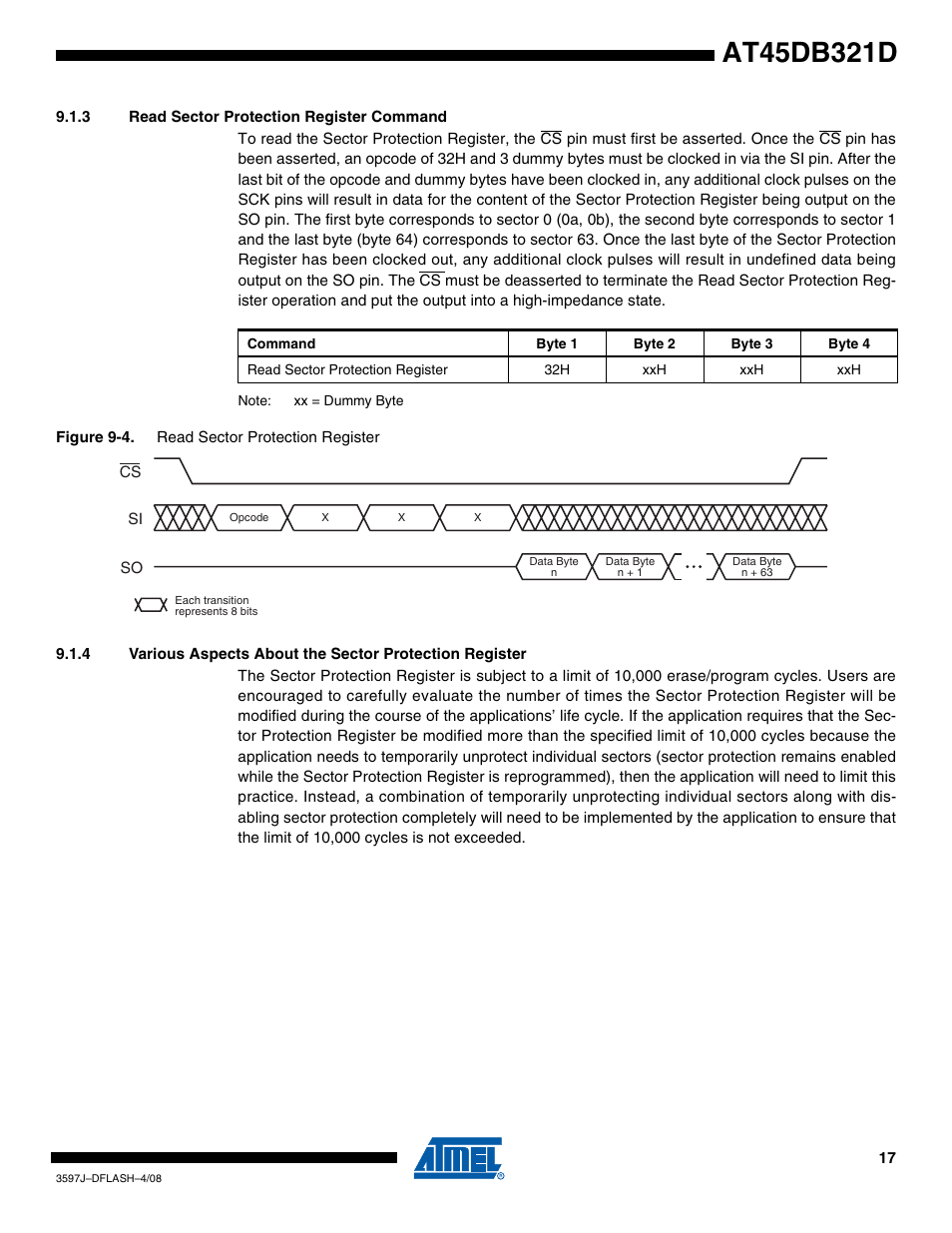 3 read sector protection register command | Rainbow Electronics AT45DB321D User Manual | Page 17 / 54