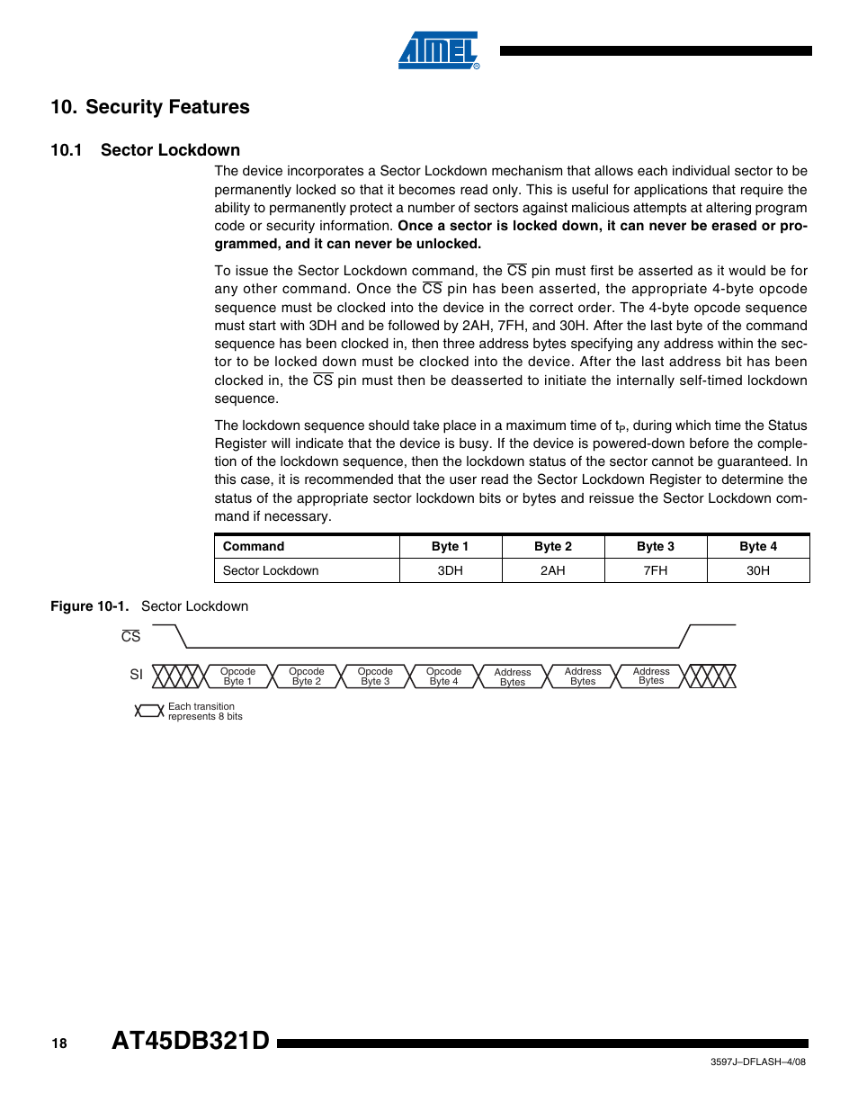 Security features, 1 sector lockdown | Rainbow Electronics AT45DB321D User Manual | Page 18 / 54