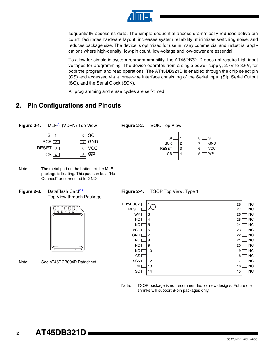 Pin configurations and pinouts | Rainbow Electronics AT45DB321D User Manual | Page 2 / 54