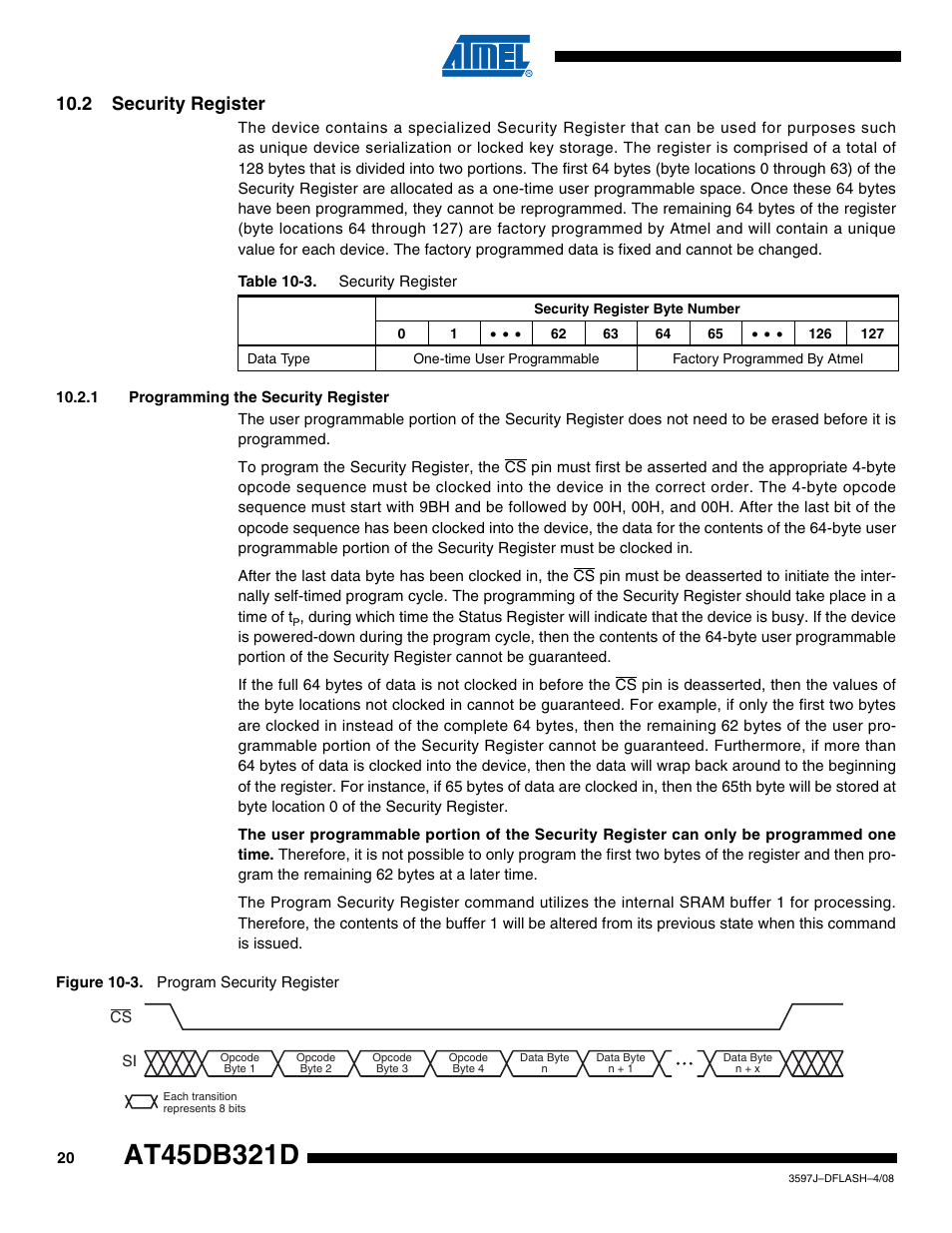 2 security register, 1 programming the security register | Rainbow Electronics AT45DB321D User Manual | Page 20 / 54