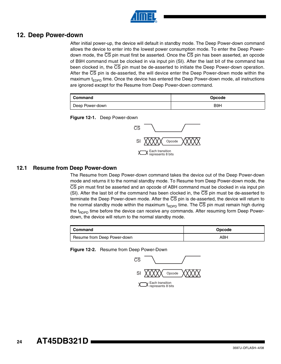 Deep power-down, 1 resume from deep power-down | Rainbow Electronics AT45DB321D User Manual | Page 24 / 54