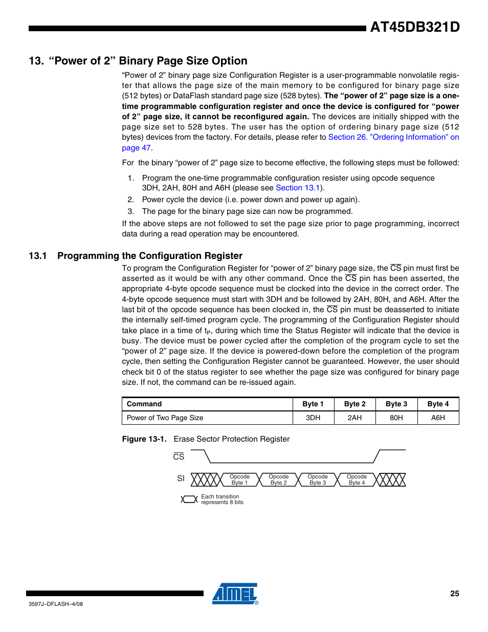 1 programming the configuration register, “power of 2” binary page size option | Rainbow Electronics AT45DB321D User Manual | Page 25 / 54