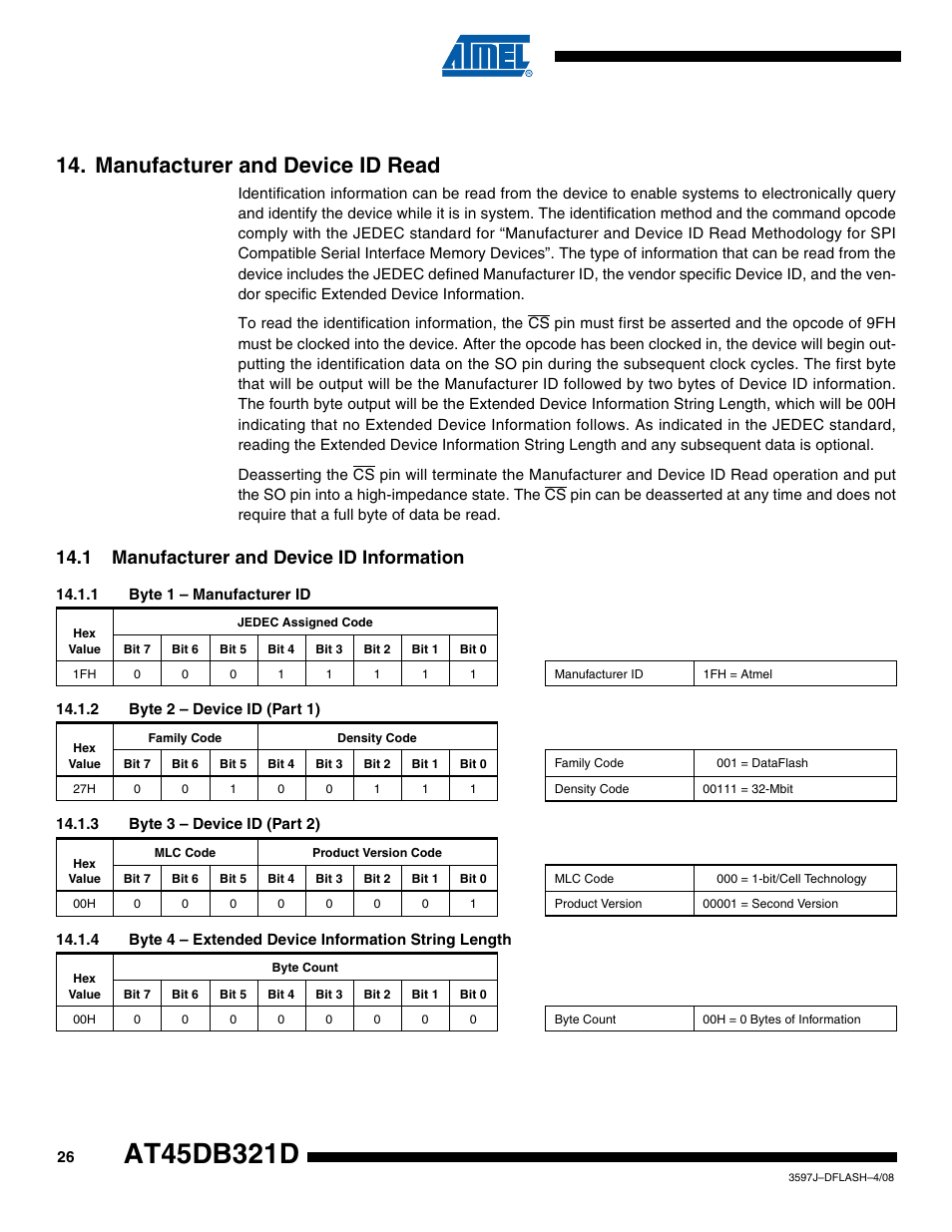 Manufacturer and device id read, 1 manufacturer and device id information, 1 byte 1 - manufacturer id | 2 byte 2 - device id (part 1), 3 byte 3 - device id (part 2) | Rainbow Electronics AT45DB321D User Manual | Page 26 / 54