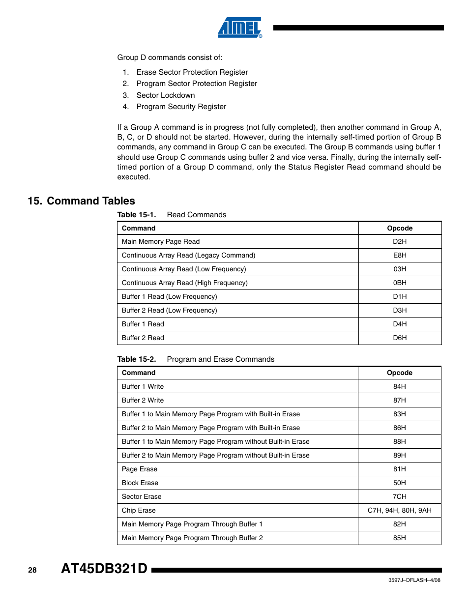 Command tables | Rainbow Electronics AT45DB321D User Manual | Page 28 / 54