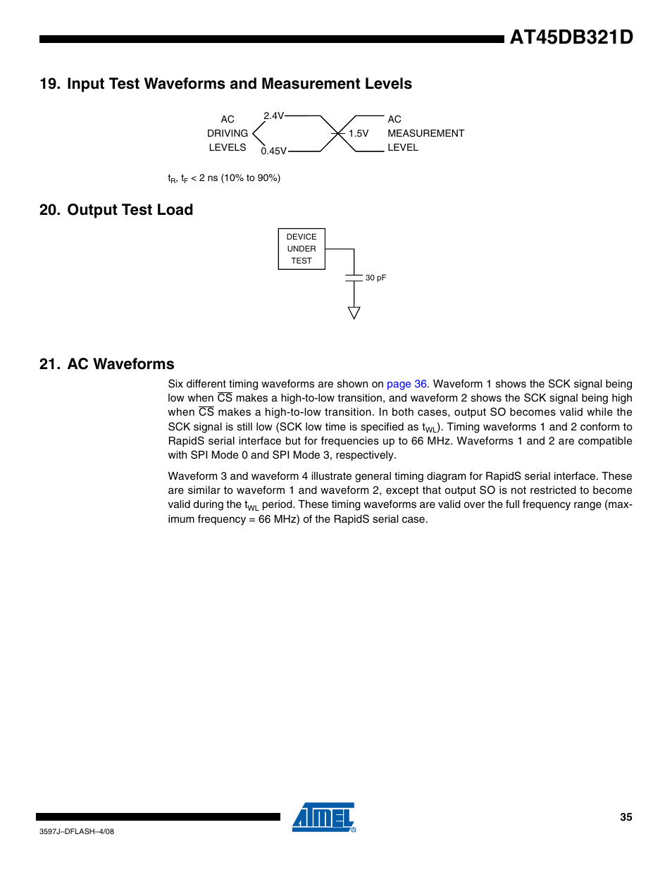 Input test waveforms and measurement levels, Output test load, Ac waveforms | Output test load 21. ac waveforms | Rainbow Electronics AT45DB321D User Manual | Page 35 / 54