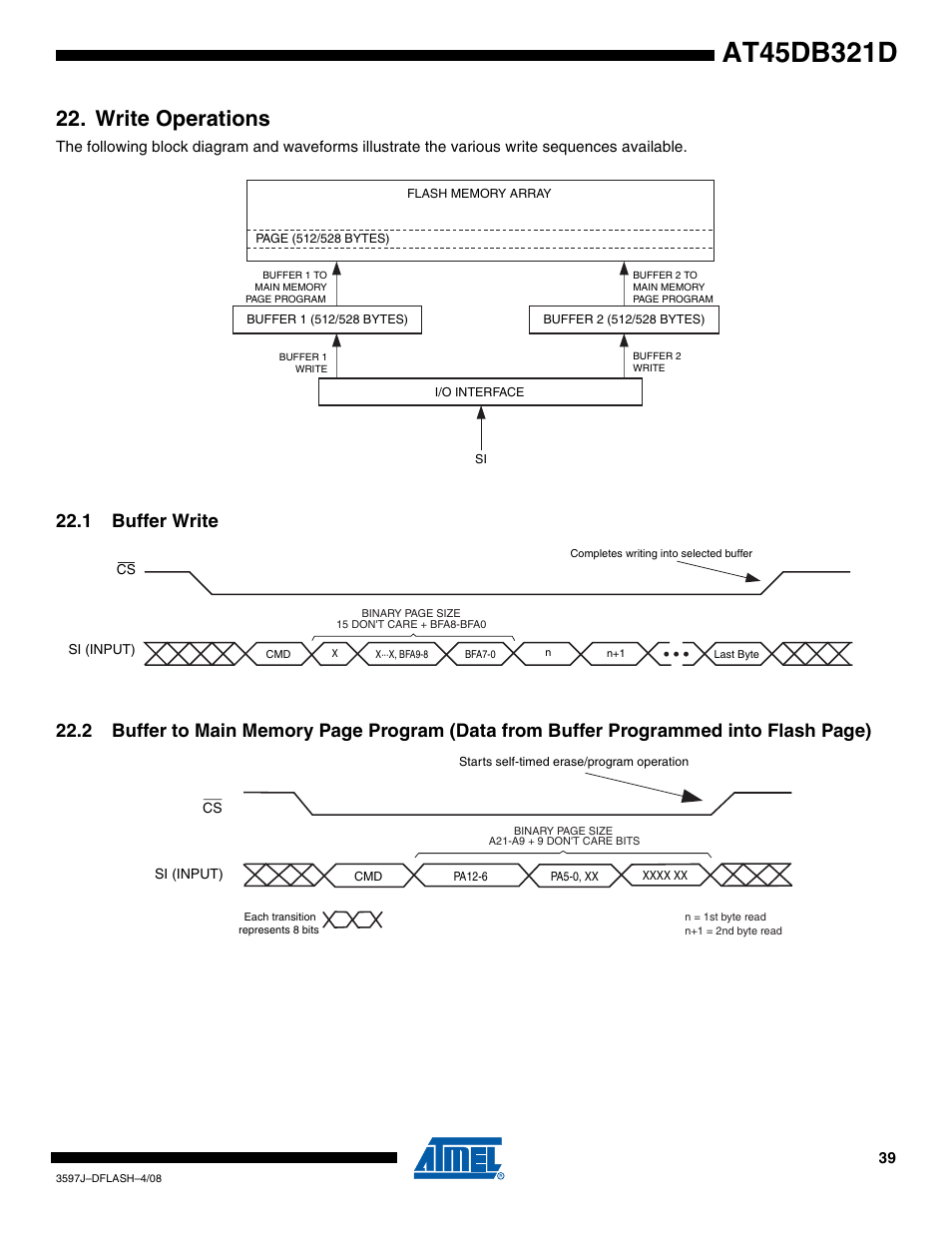 Write operations, 1 buffer write | Rainbow Electronics AT45DB321D User Manual | Page 39 / 54