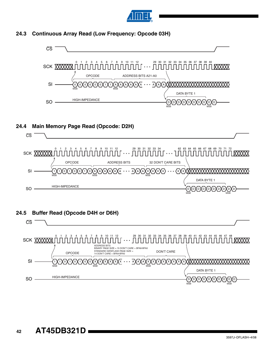 5 buffer read (opcode d4h or d6h), Sck cs si so | Rainbow Electronics AT45DB321D User Manual | Page 42 / 54