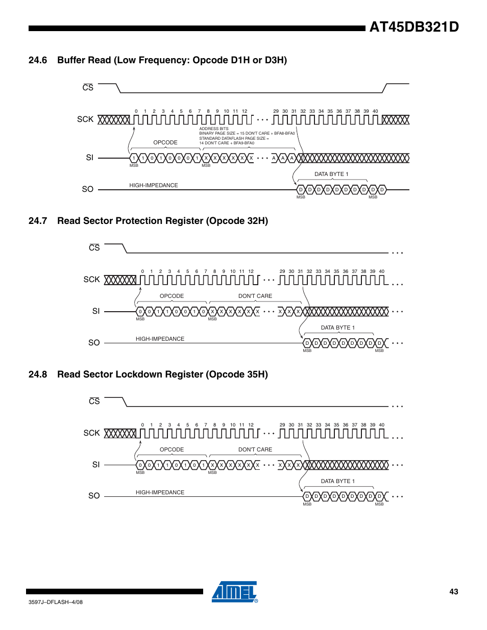 6 buffer read (low frequency: opcode d1h or d3h), 7 read sector protection register (opcode 32h), 8 read sector lockdown register (opcode 35h) | Sck cs si so | Rainbow Electronics AT45DB321D User Manual | Page 43 / 54