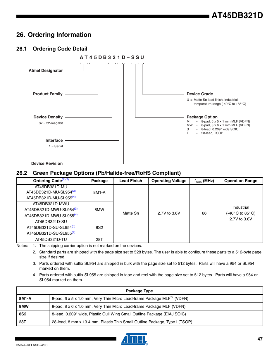 Ordering information, 1 ordering code detail, Section 26. ”ordering information” on | Rainbow Electronics AT45DB321D User Manual | Page 47 / 54