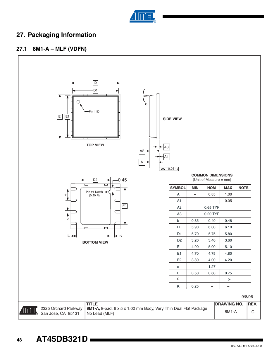 Packaging information, 1 8m1-a - mlf (vdfn), 1 8m1-a – mlf (vdfn) | Rainbow Electronics AT45DB321D User Manual | Page 48 / 54