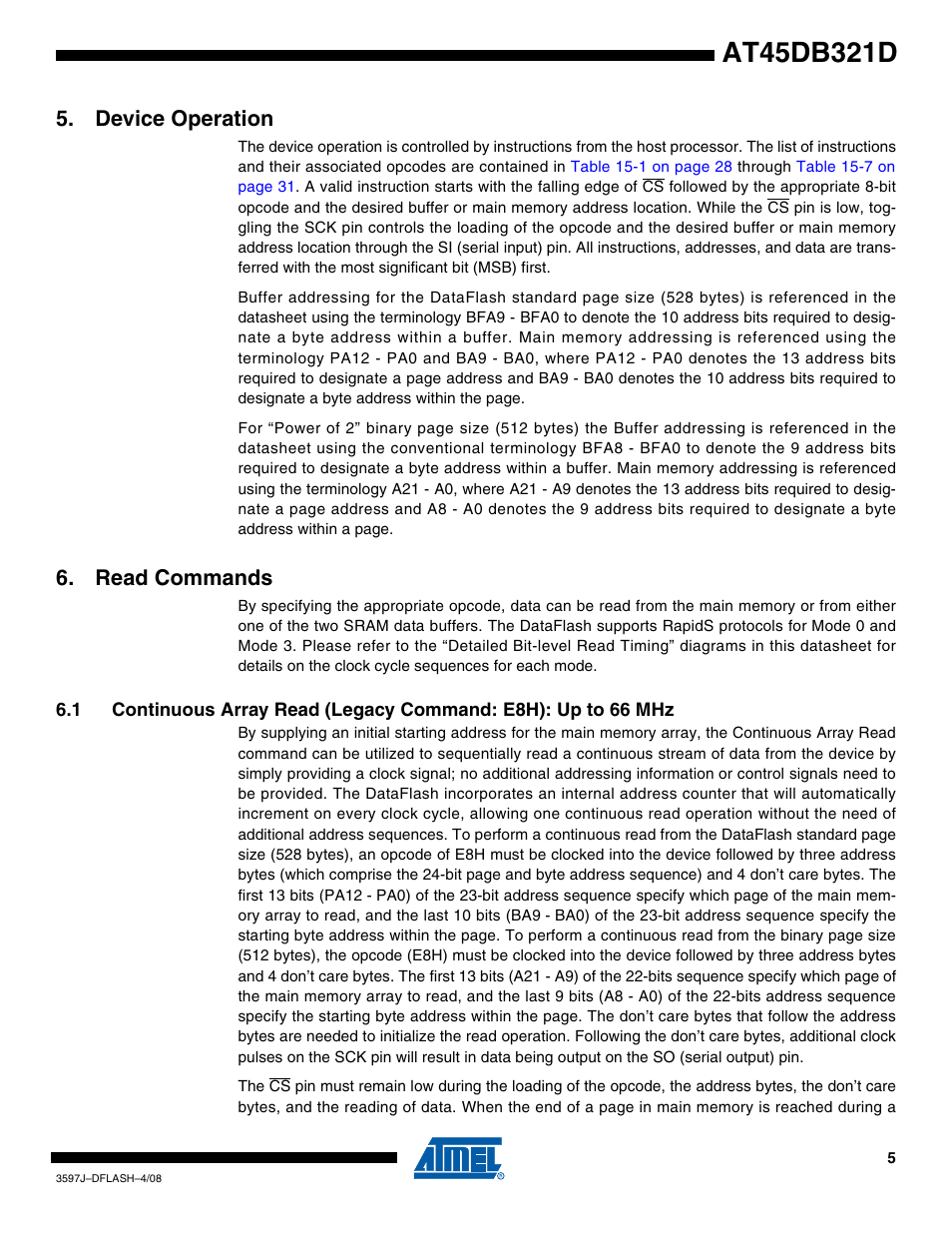 Device operation, Read commands | Rainbow Electronics AT45DB321D User Manual | Page 5 / 54