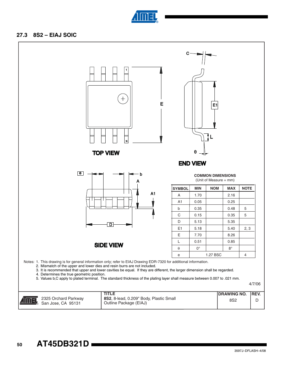 3 8s2 - eiaj soic, 3 8s2 – eiaj soic, Top view | End view, Side view | Rainbow Electronics AT45DB321D User Manual | Page 50 / 54
