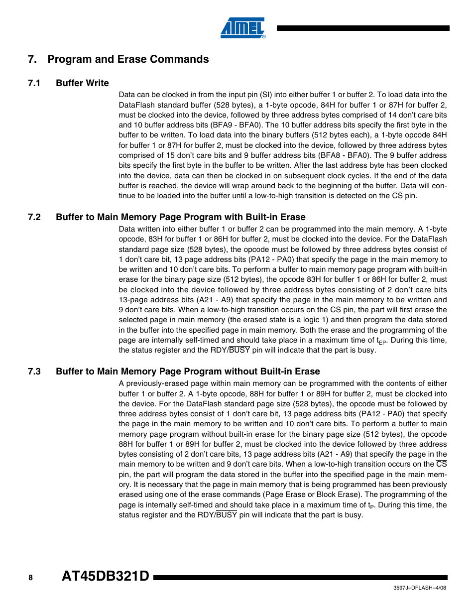 Program and erase commands, 1 buffer write | Rainbow Electronics AT45DB321D User Manual | Page 8 / 54