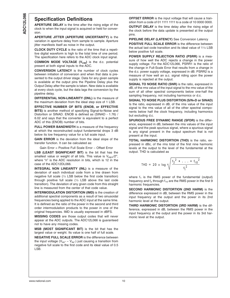 Specification definitions | Rainbow Electronics ADC12L066 User Manual | Page 10 / 27