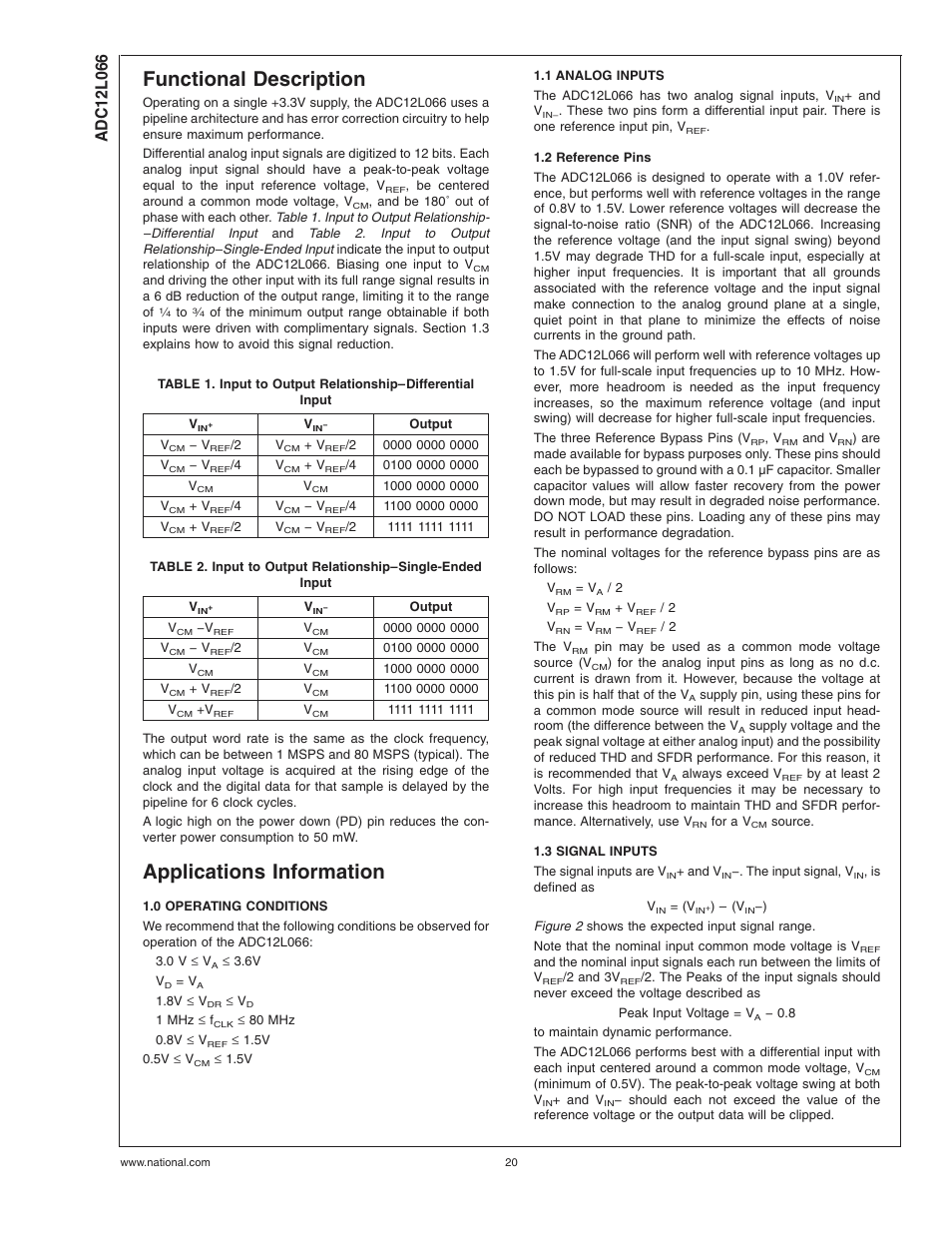 Functional description, Applications information, 0 operating conditions | 1 analog inputs, 2 reference pins, 3 signal inputs | Rainbow Electronics ADC12L066 User Manual | Page 20 / 27
