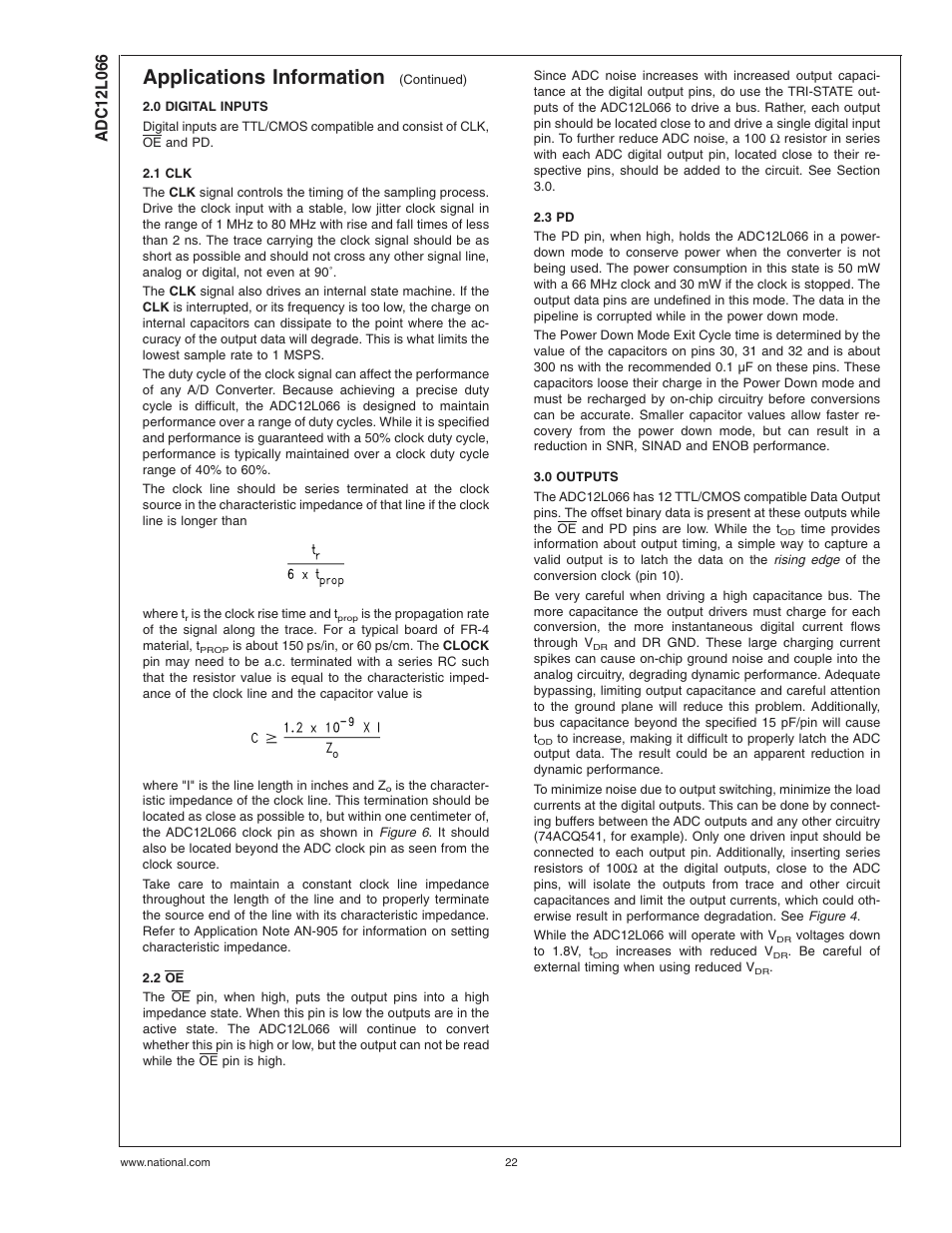 0 digital inputs, 1 clk, 2 oe | 3 pd, 0 outputs, Applications information | Rainbow Electronics ADC12L066 User Manual | Page 22 / 27