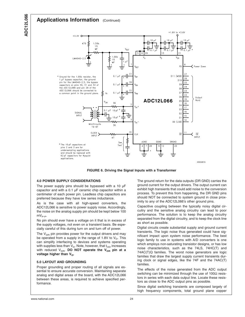0 power supply considerations, 0 layout and grounding, Figure 6 | Applications information | Rainbow Electronics ADC12L066 User Manual | Page 24 / 27