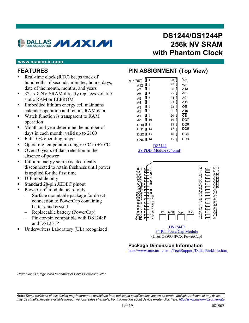 Rainbow Electronics DS1244Y User Manual | 19 pages