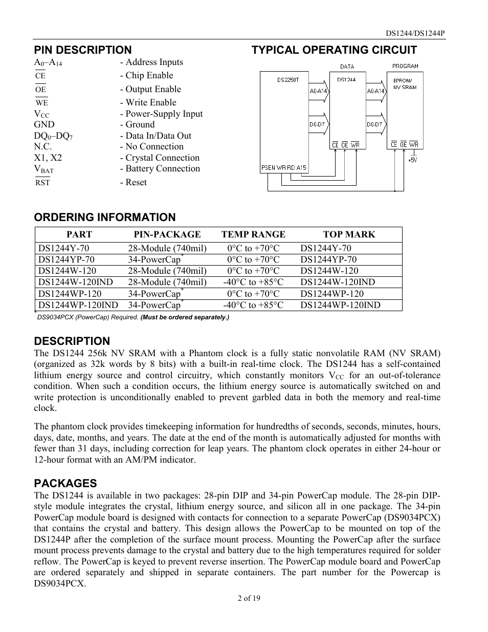 Pin description, Typical operating circuit ordering information, Description | Packages | Rainbow Electronics DS1244Y User Manual | Page 2 / 19