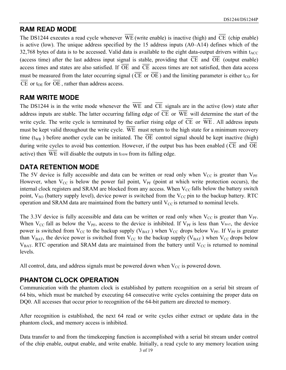 Ram read mode, Ram write mode, Data retention mode | Phantom clock operation | Rainbow Electronics DS1244Y User Manual | Page 3 / 19