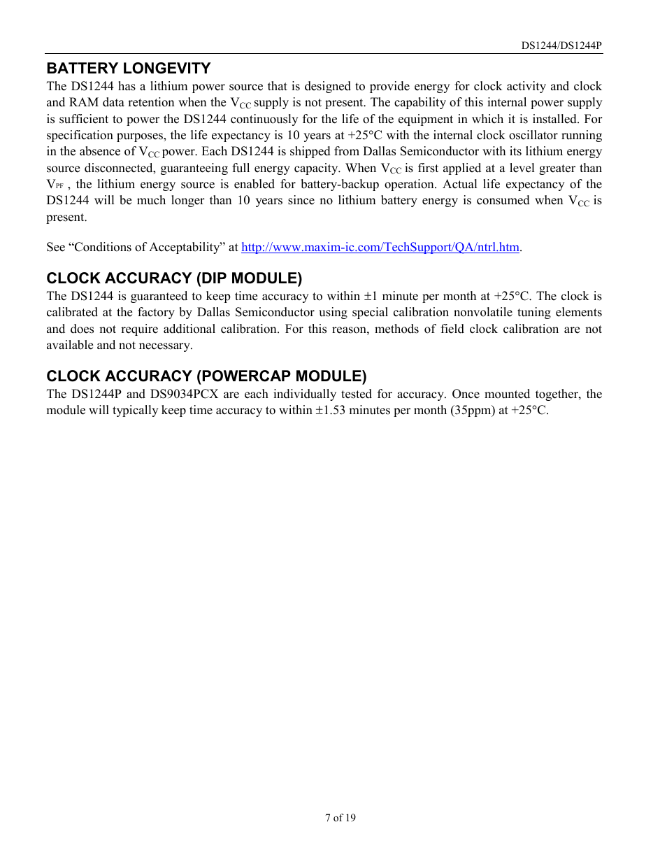 Battery longevity, Clock accuracy (dip module), Clock accuracy (powercap module) | Rainbow Electronics DS1244Y User Manual | Page 7 / 19
