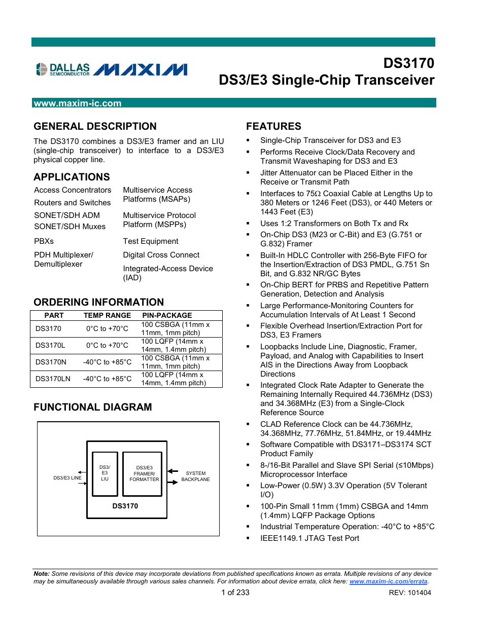 Rainbow Electronics DS3170 User Manual | 233 pages