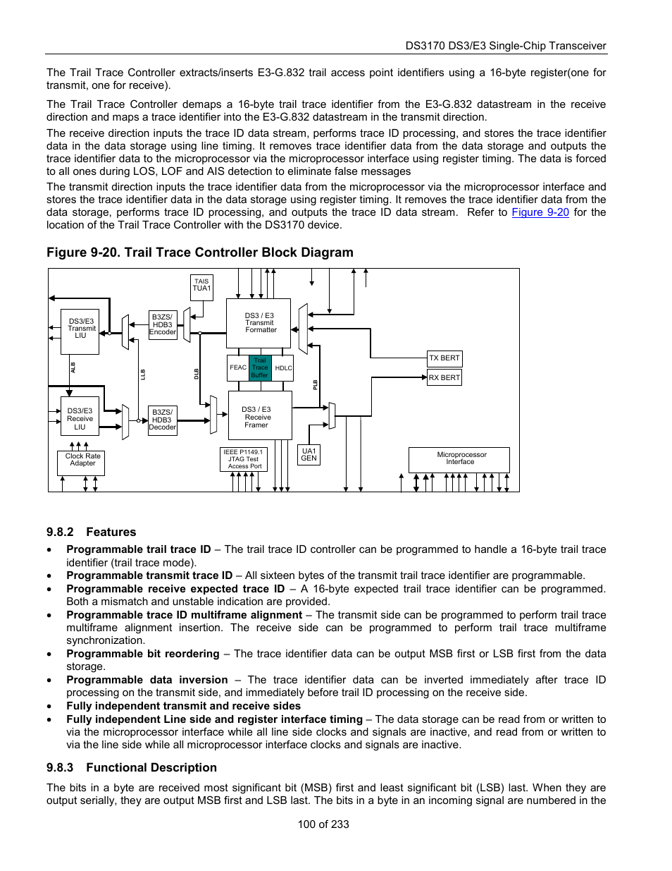 Features, Functional description, Figure 9-20. trail trace controller block diagram | 2 features, 3 functional description | Rainbow Electronics DS3170 User Manual | Page 100 / 233
