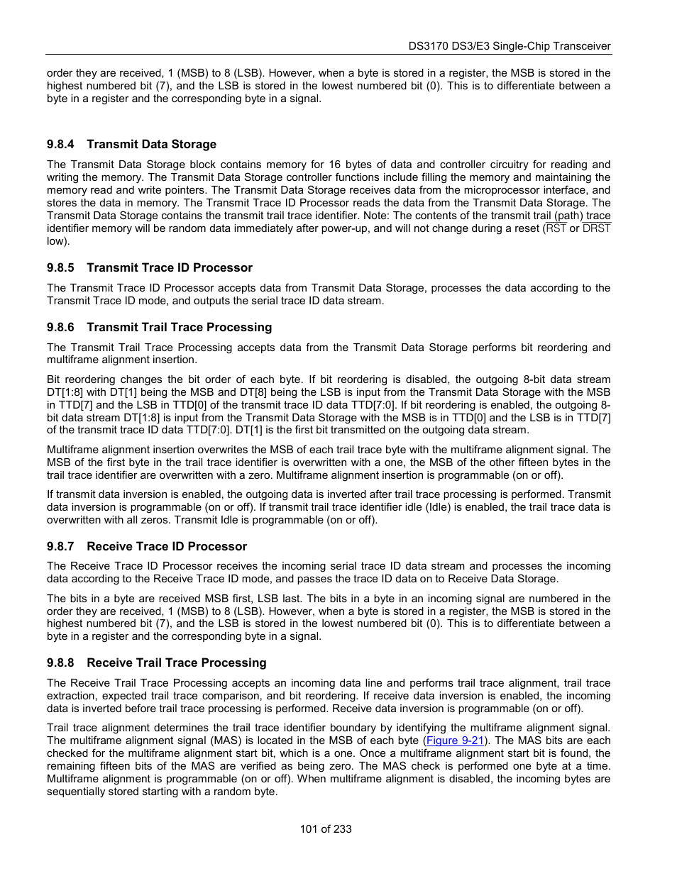 Transmit data storage, Transmit trace id processor, Transmit trail trace processing | Receive trace id processor, Receive trail trace processing | Rainbow Electronics DS3170 User Manual | Page 101 / 233