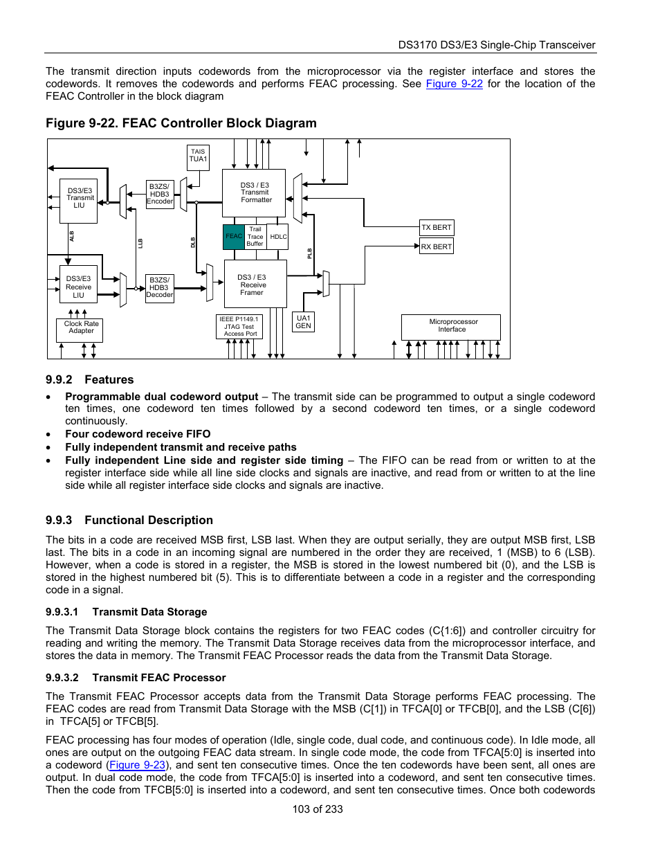 Features, Functional description, Transmit data storage | Transmit feac processor, Figure 9-22. feac controller block diagram, 2 features, 3 functional description | Rainbow Electronics DS3170 User Manual | Page 103 / 233