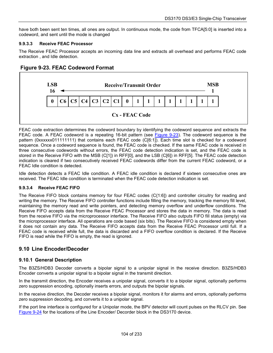 Receive feac processor, Receive feac fifo, Line encoder/decoder | General description, Ncoder, Ecoder, Figure 9-23. feac codeword format, Figure 9-23 | Rainbow Electronics DS3170 User Manual | Page 104 / 233