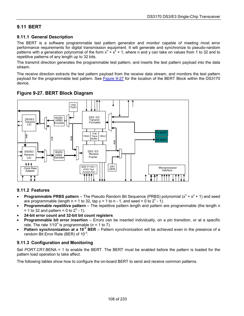 Bert, General description, Features | Configuration and monitoring, Figure 9-27. bert block diagram, 11 bert, 1 general description, 2 features, 3 configuration and monitoring | Rainbow Electronics DS3170 User Manual | Page 108 / 233