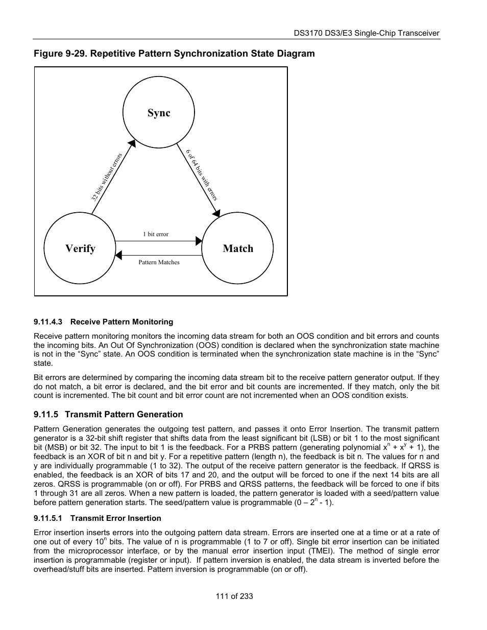 Receive pattern monitoring, Transmit pattern generation, Transmit error insertion | Figure 9-29, Sync match verify | Rainbow Electronics DS3170 User Manual | Page 111 / 233