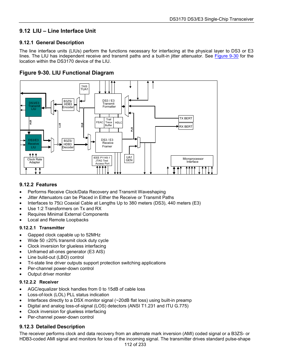 Liu – line interface unit, General description, Features | Transmitter, Receiver, Detailed description, Liu – l, Nterface, Figure 9-30. liu functional diagram, 12 liu – line interface unit | Rainbow Electronics DS3170 User Manual | Page 112 / 233