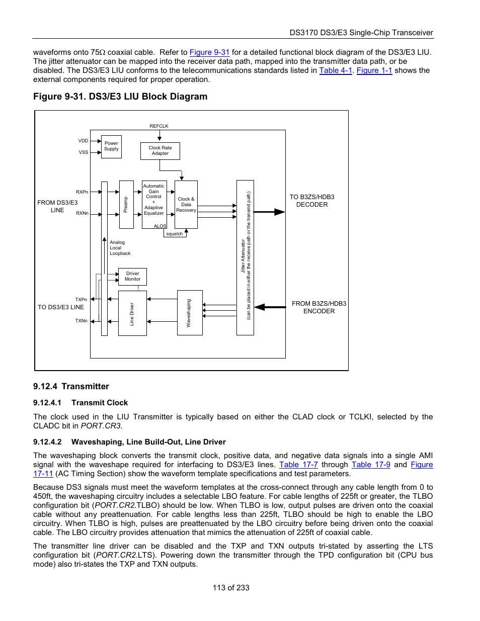 Transmitter, Transmit clock, Waveshaping, line build-out, line driver | Figure 9-31. ds3/e3 liu block diagram, 4 transmitter | Rainbow Electronics DS3170 User Manual | Page 113 / 233