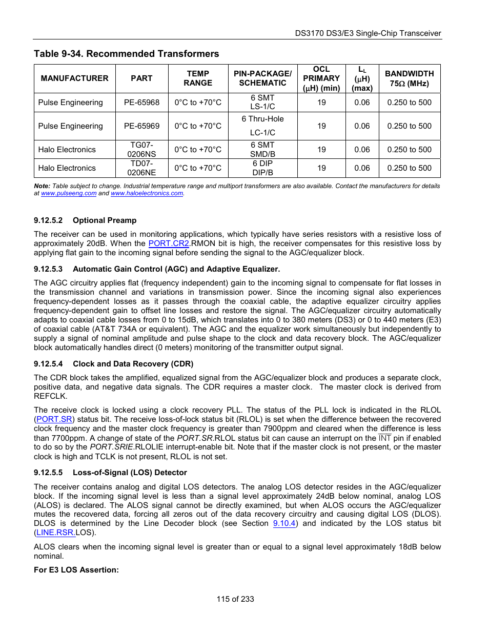 Optional preamp, Clock and data recovery (cdr), Loss-of-signal (los) detector | Table 9-34. recommended transformers | Rainbow Electronics DS3170 User Manual | Page 115 / 233