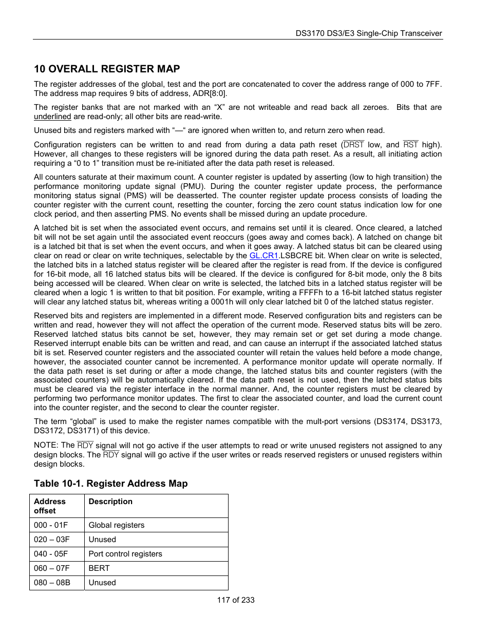 Overall register map, Table 10-1. register address map, 10 overall register map | Rainbow Electronics DS3170 User Manual | Page 117 / 233