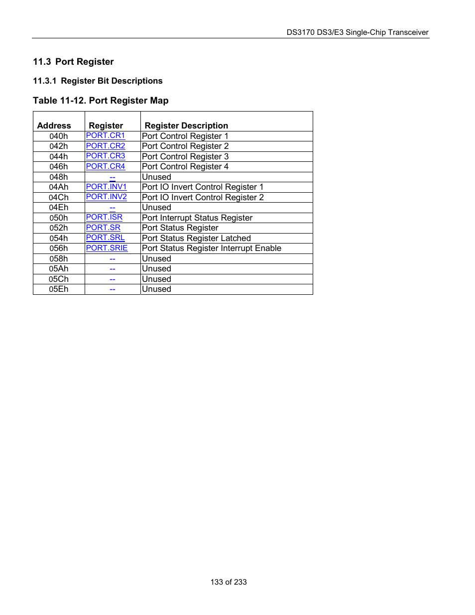 Port register, Register bit descriptions, Egister | Table 11-12. port register map | Rainbow Electronics DS3170 User Manual | Page 133 / 233