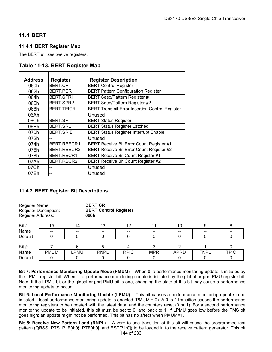 Bert, Bert register map, Bert register bit descriptions | Table 11-13. bert register map, Bert.cr | Rainbow Electronics DS3170 User Manual | Page 144 / 233