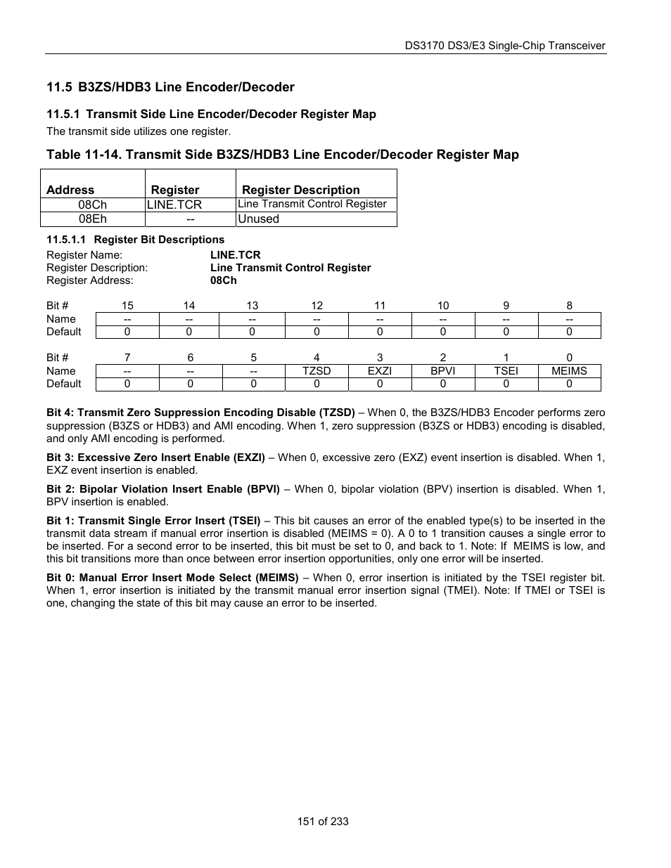 B3zs/hdb3 line encoder/decoder, Transmit side line encoder/decoder register map, Register bit descriptions | B3zs/hdb3 l, Ncoder, Ecoder, Line.tcr | Rainbow Electronics DS3170 User Manual | Page 151 / 233