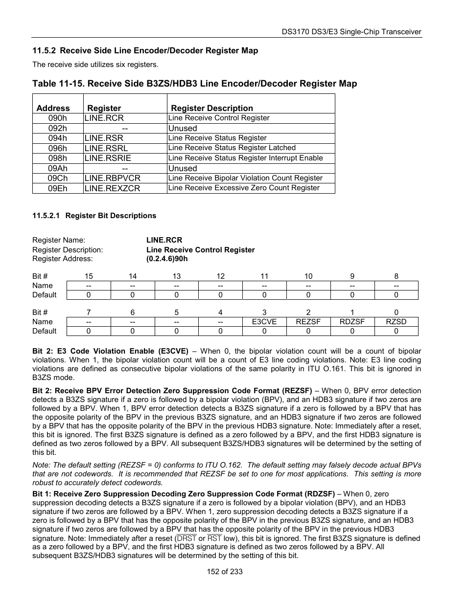 Receive side line encoder/decoder register map, Register bit descriptions, Line.rcr | Rainbow Electronics DS3170 User Manual | Page 152 / 233