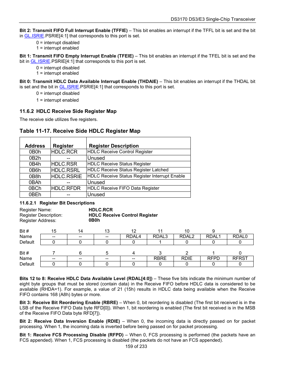 Hdlc receive side register map, Register bit descriptions, Table 11-17. receive side hdlc register map | Hdlc.rcr | Rainbow Electronics DS3170 User Manual | Page 159 / 233