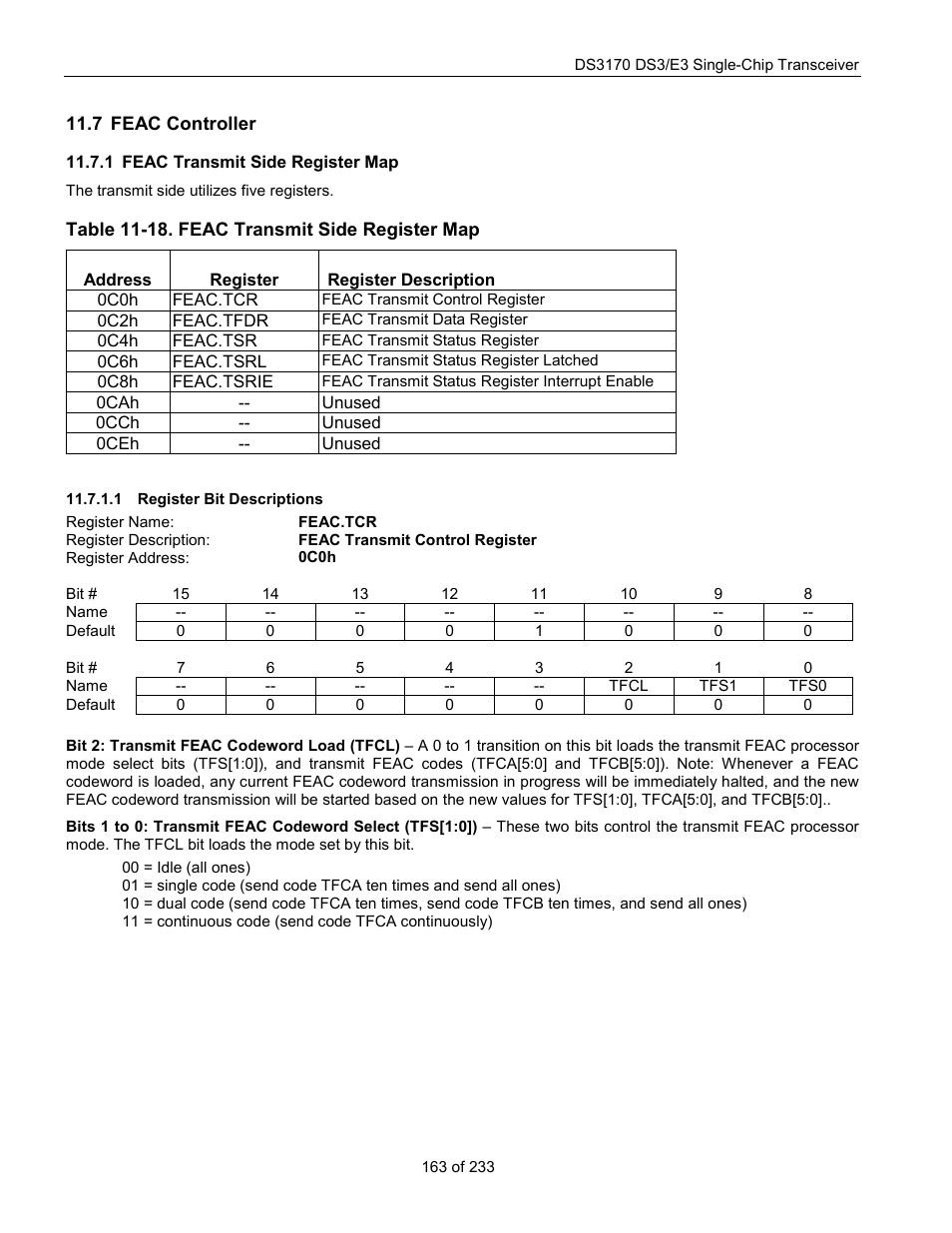 Feac controller, Feac transmit side register map, Register bit descriptions | Feac c, Ontroller, Table 11-18. feac transmit side register map, Feac.tcr | Rainbow Electronics DS3170 User Manual | Page 163 / 233