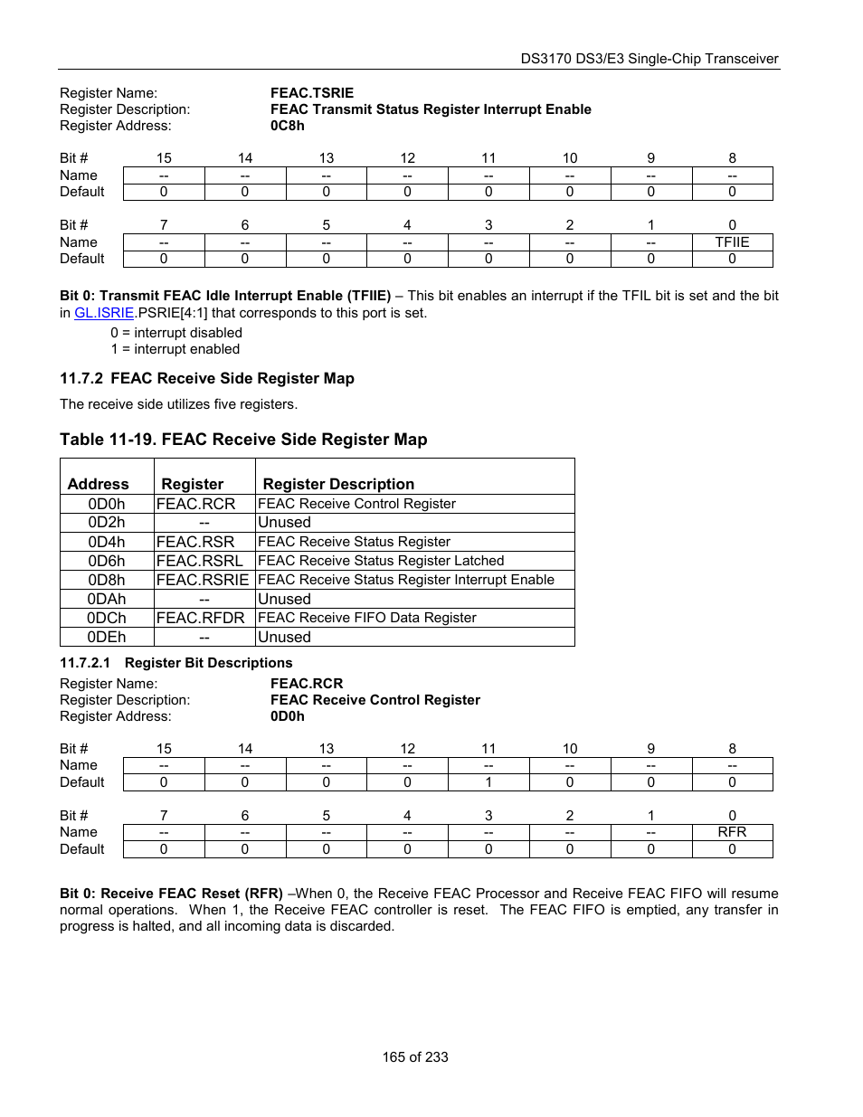 Feac receive side register map, Register bit descriptions, Table 11-19. feac receive side register map | Feac.tsrie, Feac.rcr | Rainbow Electronics DS3170 User Manual | Page 165 / 233