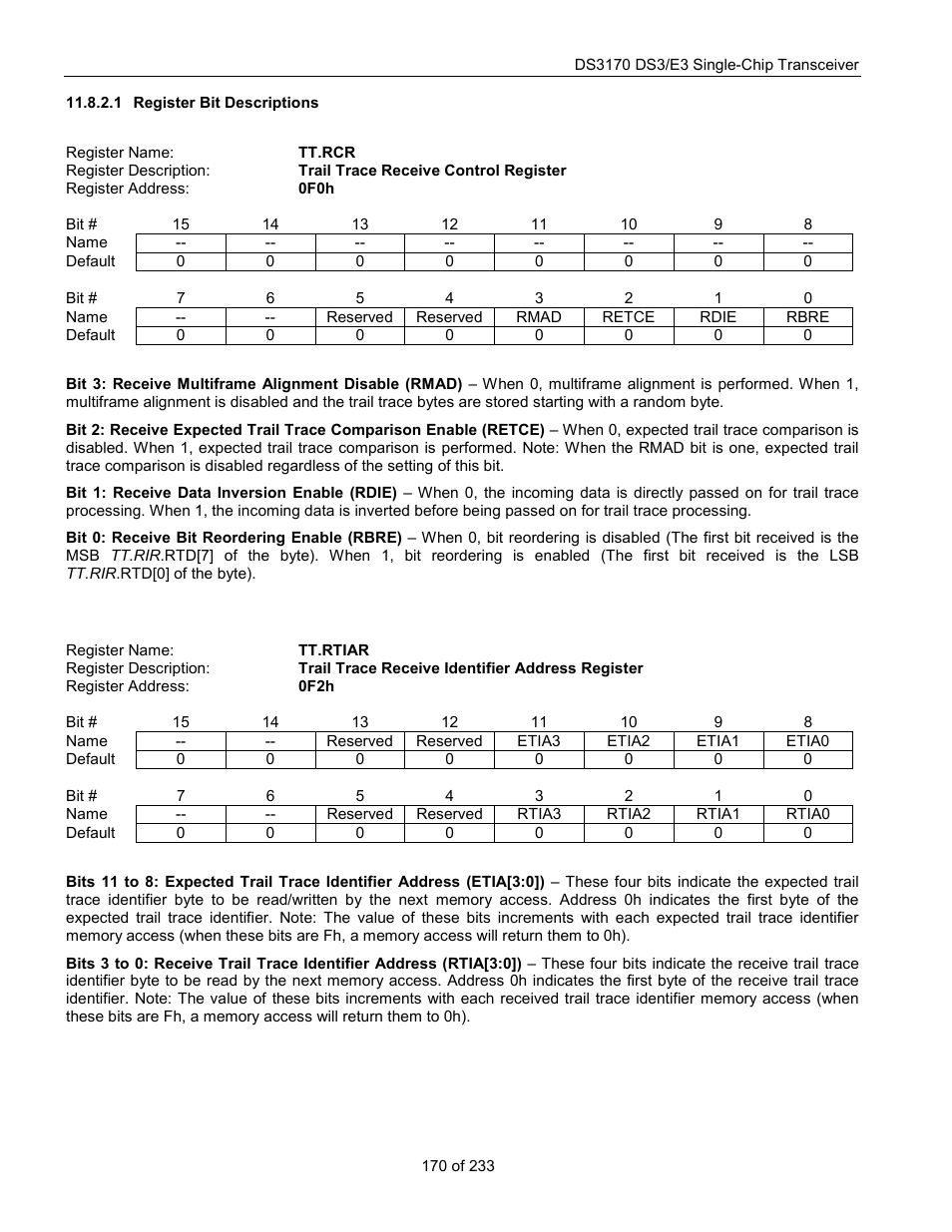 Register bit descriptions, Tt.rcr, Tt.rtiar | Rainbow Electronics DS3170 User Manual | Page 170 / 233