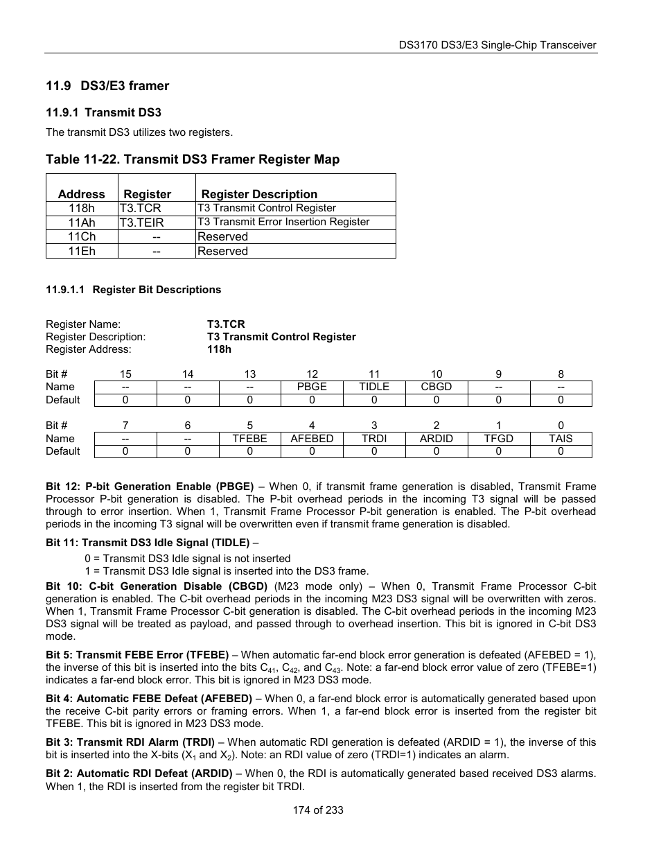 Ds3/e3 framer, Transmit ds3, Register bit descriptions | Ds3/e3, Framer, Table 11-22. transmit ds3 framer register map, T3.tcr | Rainbow Electronics DS3170 User Manual | Page 174 / 233