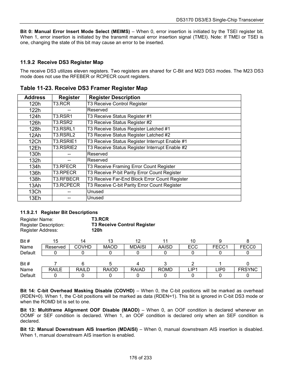 Receive ds3 register map, Register bit descriptions, Table 11-23. receive ds3 framer register map | T3.rcr | Rainbow Electronics DS3170 User Manual | Page 176 / 233