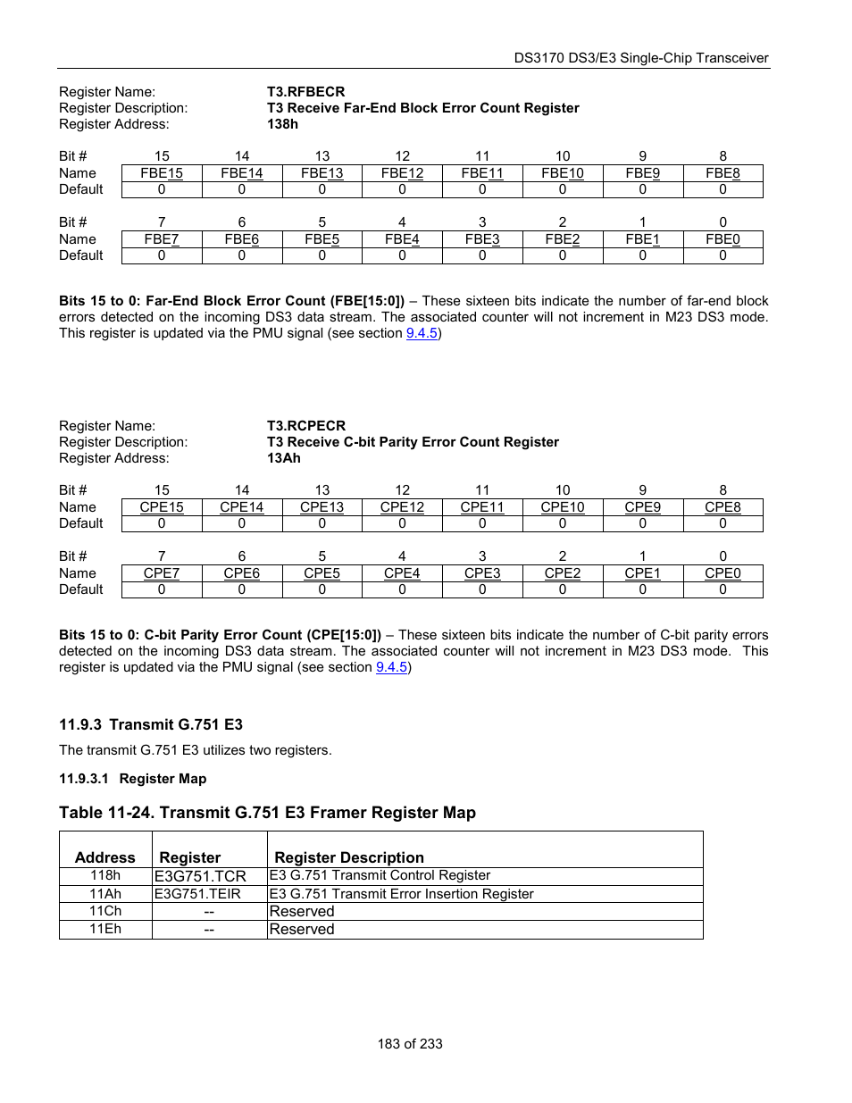 Transmit g.751 e3, Register map, Table 11-24. transmit g.751 e3 framer register map | T3.rfbecr, T3.rcpecr | Rainbow Electronics DS3170 User Manual | Page 183 / 233