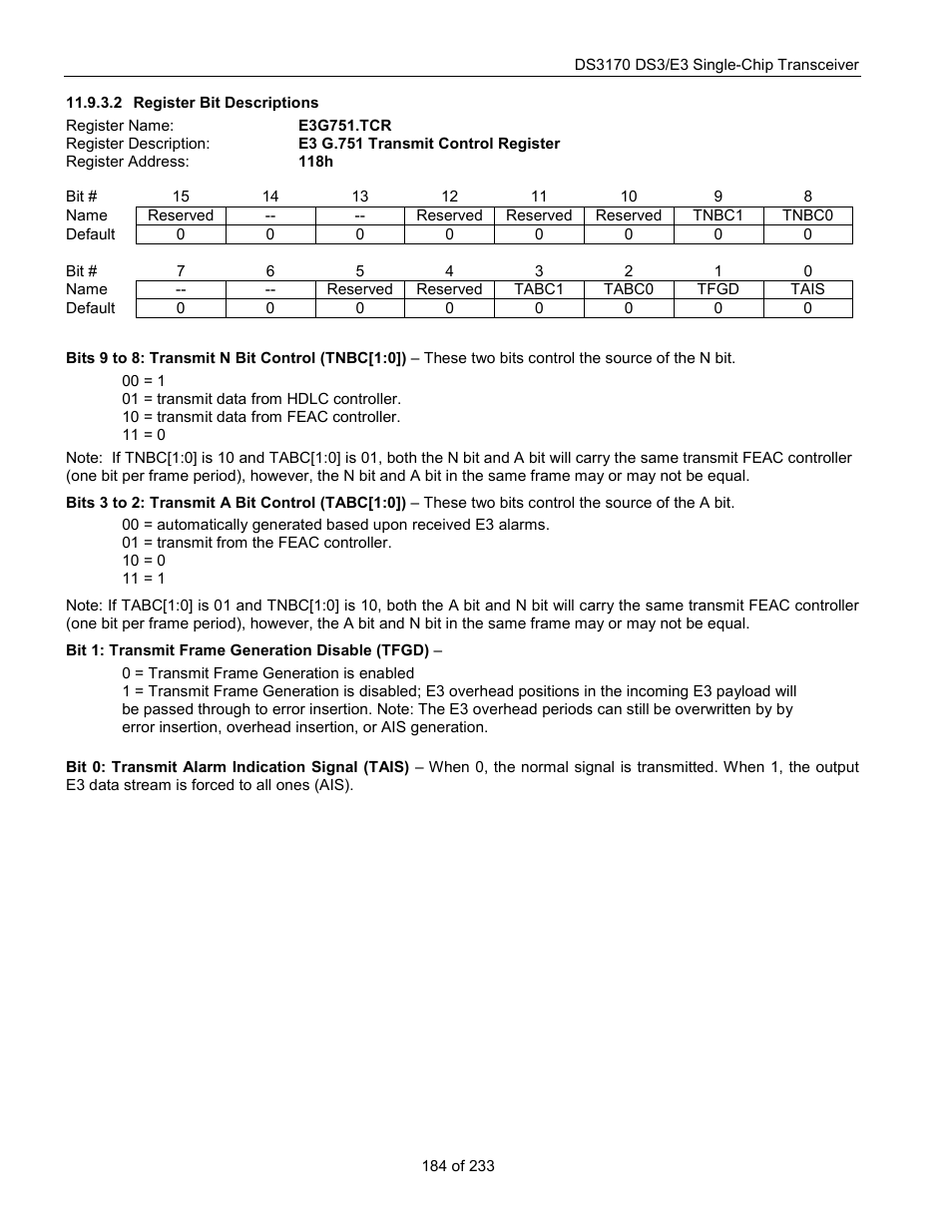Register bit descriptions, E3g751.tcr | Rainbow Electronics DS3170 User Manual | Page 184 / 233